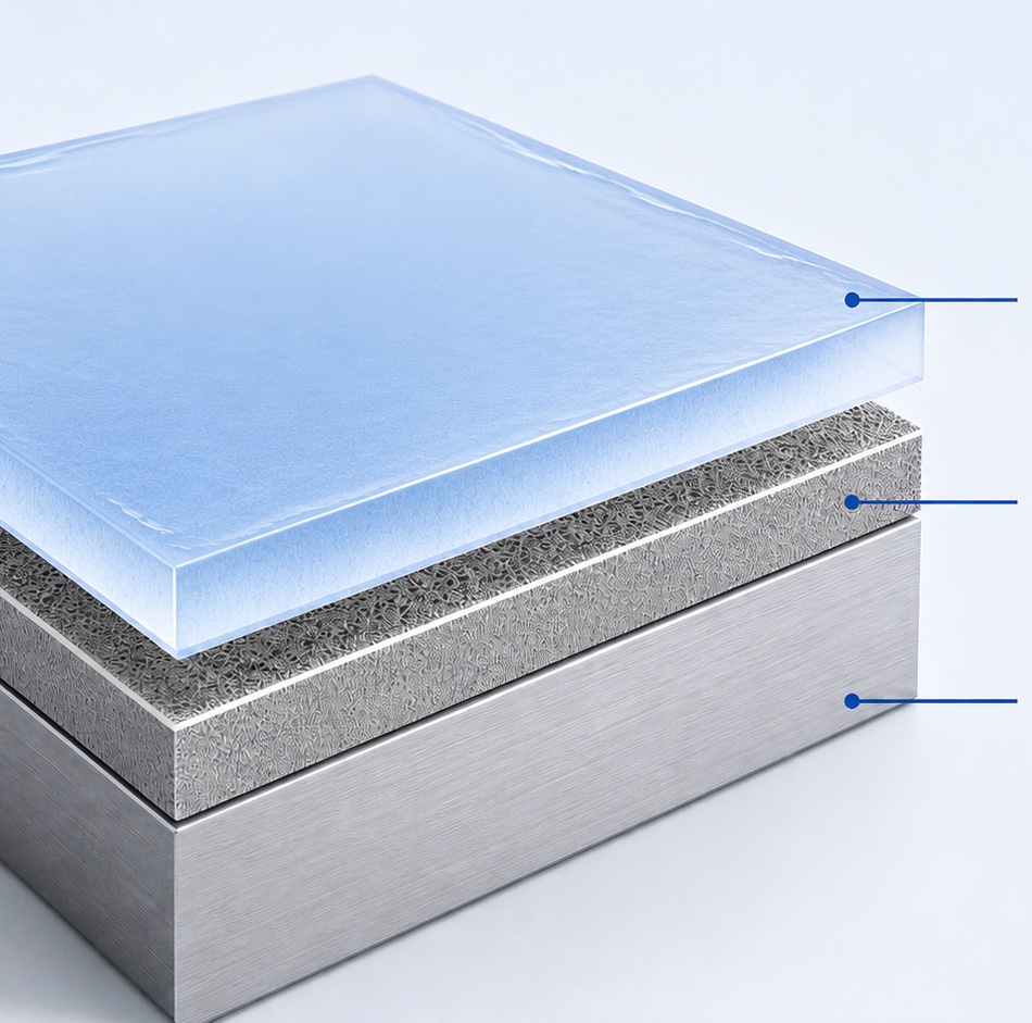 MARSCOAT layer structure: hydrophilic easy-clean film, dense bonding layer, stainless steel substrate